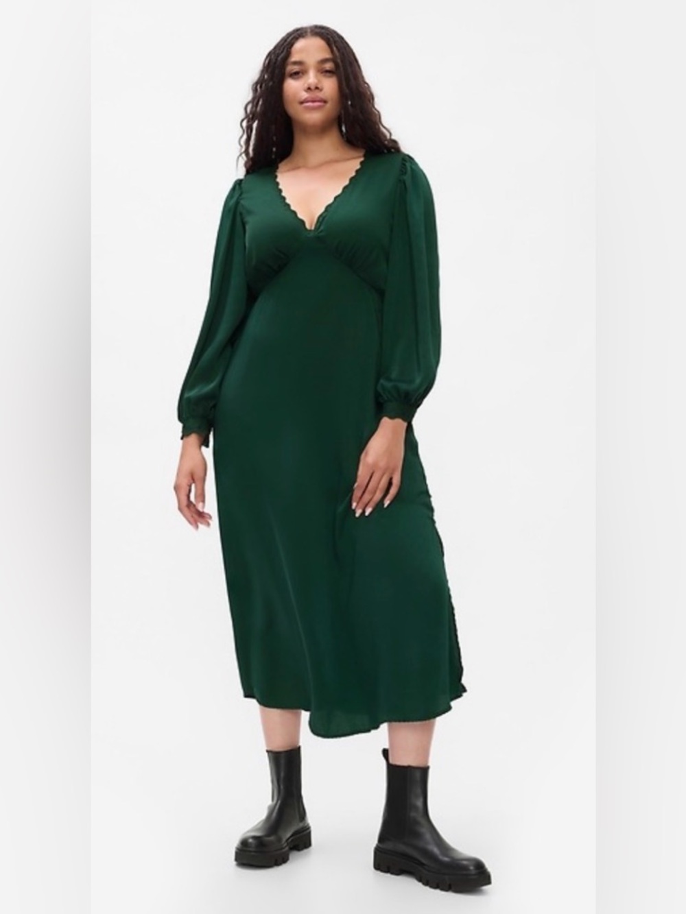 NWT GAP Green Satin Empire Long Sleeve Midi Dress with Side Slit Size XXL Tall